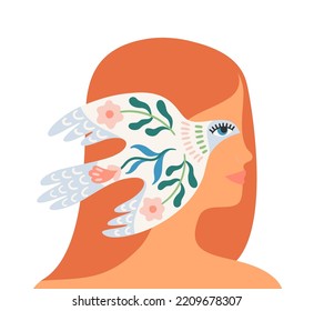 Woman and dove of peace. Vector isolated illustration. Elements for card, poster, flyer and other use