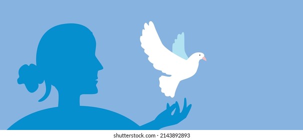 Woman with dove as symbol of world. Flat vector stock illustration. Copy space template with space for text. Concept of freedom, solidarity of mankind