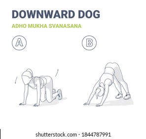 Woman Downward Dog Home Workout Exercise Guide. Outline Concept of Female Yoga Adho Mukha Shvanasana Practice. Girl in Sportswear Does Downward-facing Dog Fitness Pose for Shaping Her Butt.