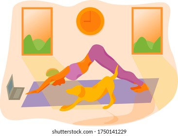 Woman in downward-facing dog pose with dog. Female cartoon character practicing yoga. Girl stretching flat illustration vector