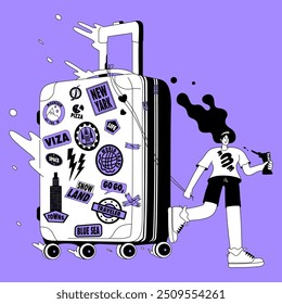 A woman dragging a giant suitcase, representing themes of travel, tourism, and transportation in a flat design style.