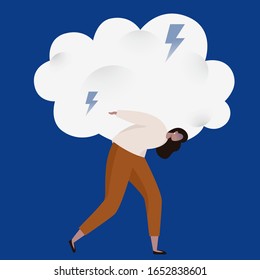 Woman dragging a heavy stormy cloud with lightnings. Bad emotions and anxiety concept illustration. 