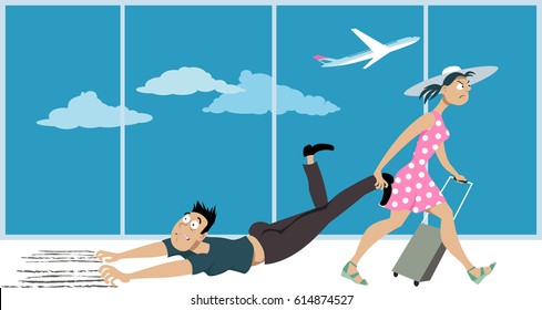 Woman dragging a man who's affected by a fear of flying through an airport, EPS 8 vector illustration 