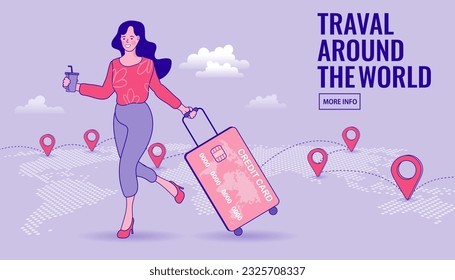 Woman dragging a suitcase that is a credit card. Online travelling Illustration for landing page. Travel and vacation concept. Trip planning. Online booking service vector illustration.