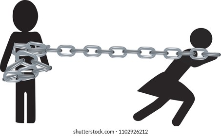 woman drags man chained prisoner