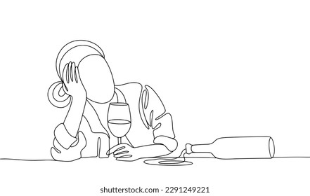 The woman drank a lot of alcohol. Alcohol intoxication. One line drawing for different uses. Vector illustration.