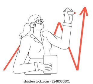 Woman draw arrow statistic sign with marker, pen or highlighter. Female character with laptop emphasise important information with felt pen on white board. Business illustration in simple line style.