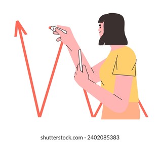 Woman draw direction arrow sign with marker, pen or highlighter. Female business manager emphasise important information with felt pen on white board. Business future course direction illustration.