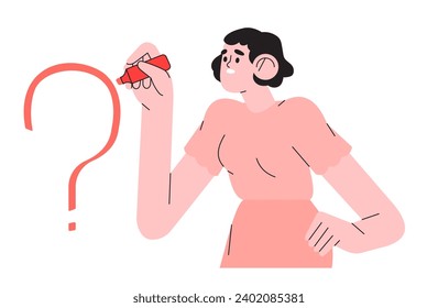 Woman draw question mark with marker, pen or highlighter. Female character emphasise important information with felt pen on white board. Business illustration in simple line style.