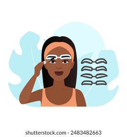 Woman drawing brow with eyebrow stencils of different shape, makeup routine vector illustration