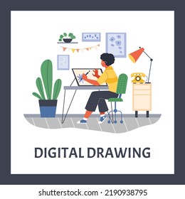 Woman Drawing Digitally On Tablet, Graphic Designer Poster Template, Flat Vector Illustration. Freelancer Or Office Employee Sitting At Desk And Working. Creative Workspace Concept.