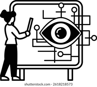 A woman is drawing an eye on a white board