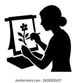 Woman drawing flower on canvas art illustration painting hobby artist creative design vector silhouette