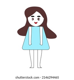 woman drawing from geometric shapes blue dress, brown hair, red lips