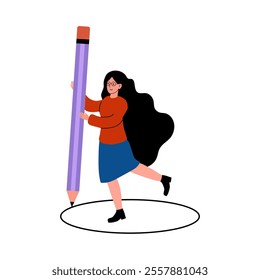 Woman drawing with a giant pencil in a playful art activity