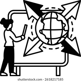 A woman is drawing a globe with arrows pointing to different directions