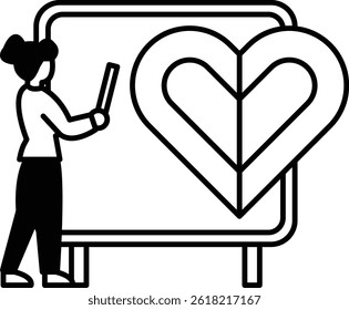 A woman is drawing a heart on a white board