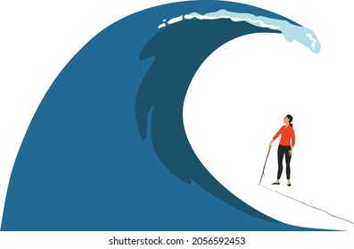 Woman Drawing A Line In Front Of A Tsunami Wave, Setting Boundaries, EPS 8 Vector Illustration