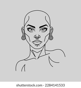 Woman drawing with lines, with piercing and without hair
