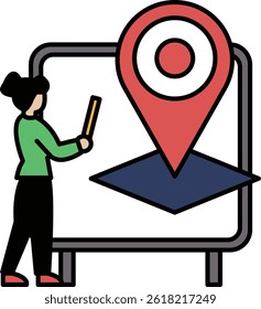 A woman is drawing a map on a white board. She is using a pencil and a ruler