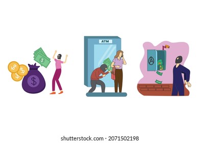 woman drawing money from ATM, Male thief waiting to stealing. group of thieves steal information vector illustration