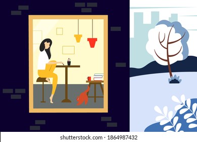Woman drawing in a nice interior. Concept of recreation and Hobbies. Illustration of half a house and a street. Winter vector illustration in flat style.