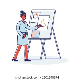 Woman drawing on easel. Designer creating sketch draw with different palette colors. Cartoon female artist making artwork. Creative professional occupation. Linear vector illustration
