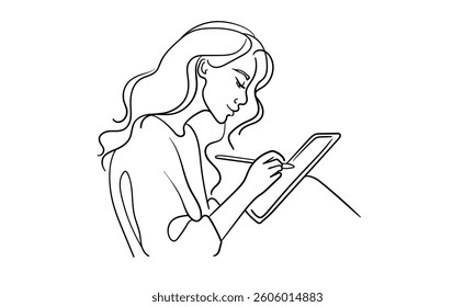 Woman drawing on tablet, continious line drawing. Drawing, teaching, artist. Vector illustration