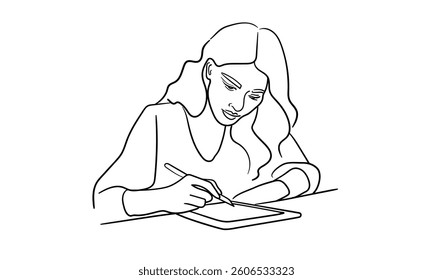 Woman drawing on tablet, continious line drawing. Drawing, teaching, artist. Vector illustration
