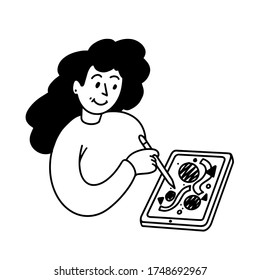 Woman drawing on the tablet, graphic designer, freelance artist isolated vector illustration. Simple black line doodle minimalist web icon