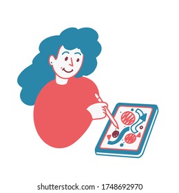 Woman drawing on the tablet, graphic designer, freelance artist isolated vector illustration. Simple blue and red duo tone doodle minimalist web icon