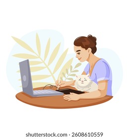 Woman drawing on tablet with laptop and cat on desk at home workspace. Vector illustration