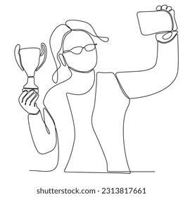 A woman drawing one line holding a trophy. Employee appreciation day concept. Continuous line draw graphic design vector illustration.
