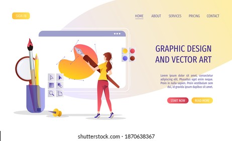 Woman drawing with pen in graphic editor. Digital illustrator, vector artist, graphic design, creativity concept. Vector illustration for banner, presentation, advertising, website.