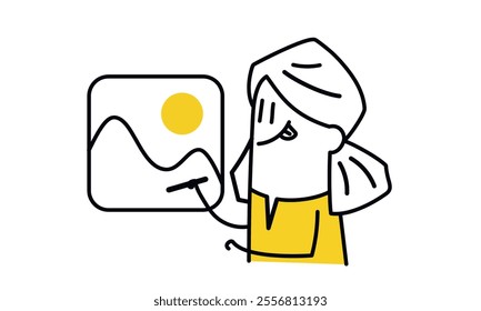 Woman is drawing a picture of a mountain with a sun in the sky. She is holding a paintbrush and is smiling. Hand drawn vector illustration. Black and white.