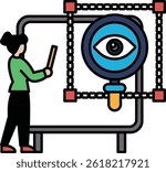 A woman is drawing a picture of a woman's eye with a pencil. The image is of a woman with a green shirt and black pants