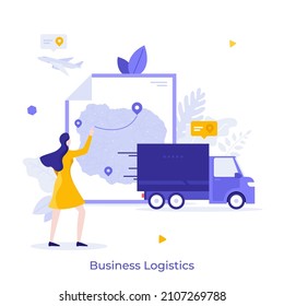 Woman drawing route on map and truck. Concept of business logistics service, cargo shipment, transportation or delivery to destination point. Modern flat vector illustration for banner, poster.