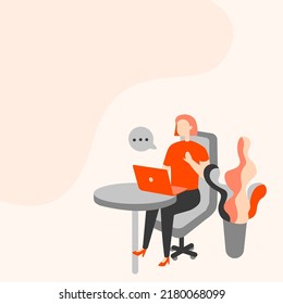 Woman Drawing Sitting Office Desk Using Laptop With Speech Bubble Beside Plant Vase. Lady Design Uses Portable Computer Placed On Top Of Table Beside A Potted Container.