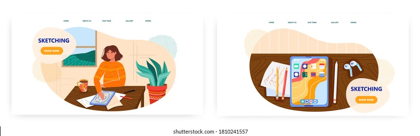 Woman drawing sketch on graphic tablet. Graphic design concept illustration. Vector web site design template. Digital tablet, pencil and headphones on a desk. Female designer works from home