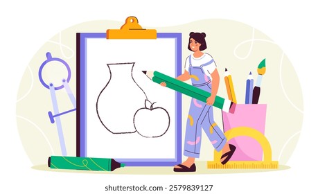 Woman drawing sketch. Young girl with pencil draws sketch of vase with apple. Creativity and art. Hobbies and leisure. Artist training in studio. Flat vector illustration