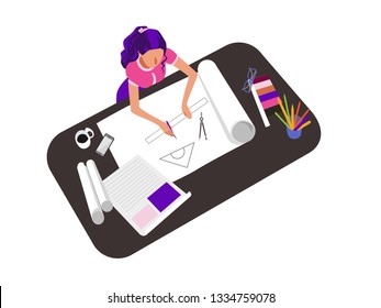 Woman drawing, sketching flat vector illustration. Female architect drafting project, working from home, office. Freelancer, remote worker hand drawn cartoon character. Artist workplace top view