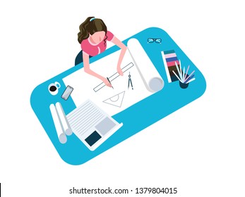Woman drawing, sketching flat vector illustration. Female architect drafting project, working from home, office. Freelancer, remote worker hand drawn cartoon character. Artist workplace top view