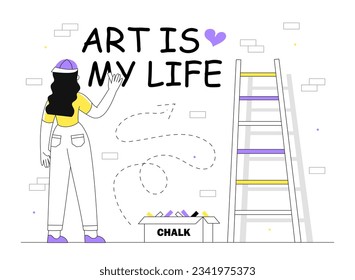 Una mujer dibujando en la pared. Creatividad y arte. Chica joven con caja de tiza multicolor. Renovación y reparación. Adolescente y escolar con escalera. Ilustración lineal vectorial