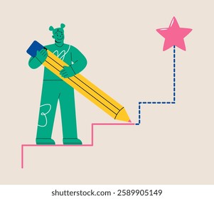 Woman is drawing a way. Create path success concept. Colorful vector illustration 