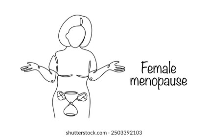 The woman is drawn as a continuing line. Against the background of a woman, there is an hourglass in the shape of a uterus as a symbol of the end of menstruation and the onset of menopause. 