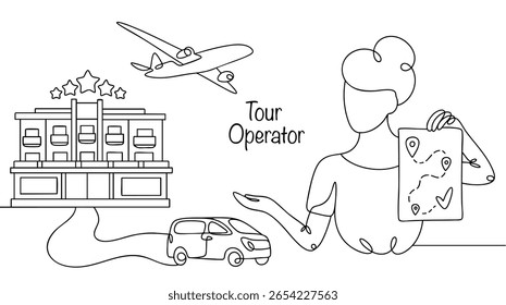 The woman drawn in line is a tour operator who works with hotels and airlines to develop tourist routes and create tours, including transportation, accommodation, excursions and other services.
