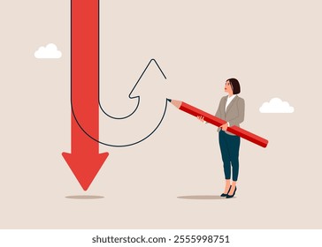 Woman draws an arrow up. Red arrow goes down. Decision to change to better opportunity. Big hand draw new arrow of change direction. 