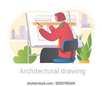 Woman draws blueprint. Design, layout creation, building development, architect, engineer. Sketch on architectural board in office. Cartoon flat vector illustration isolated on white background