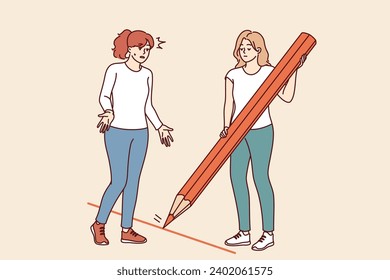 Woman draws boundary and prohibits crossing it, using large pencil to draw red line. Concept of setting boundary for psychological comfort and avoiding interference in personal life