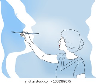 Woman draws on a background of heavenly color a married couple, vector illustration